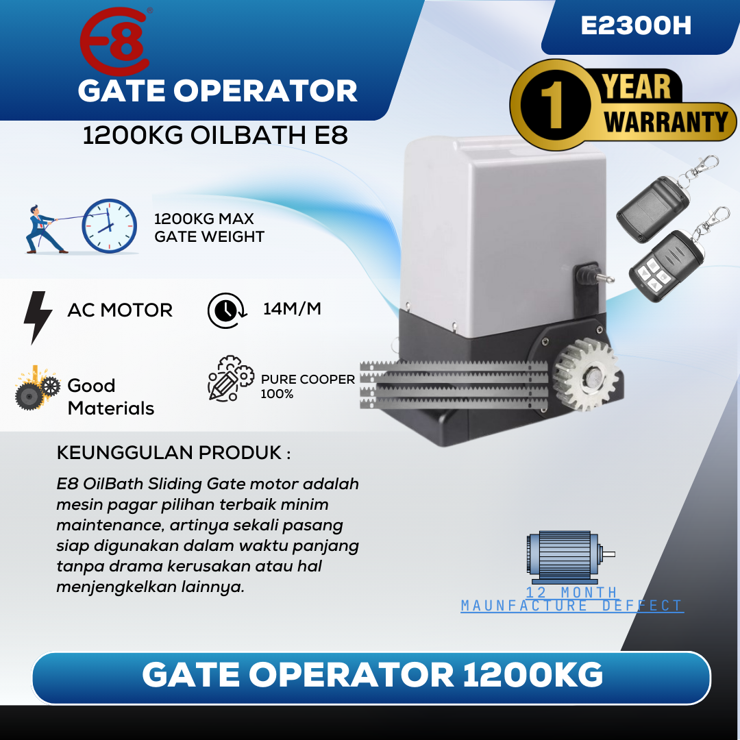 Mesin Pagar Otomatis Sliding Gate E8 AC 1000KG E2300L Oil Bath